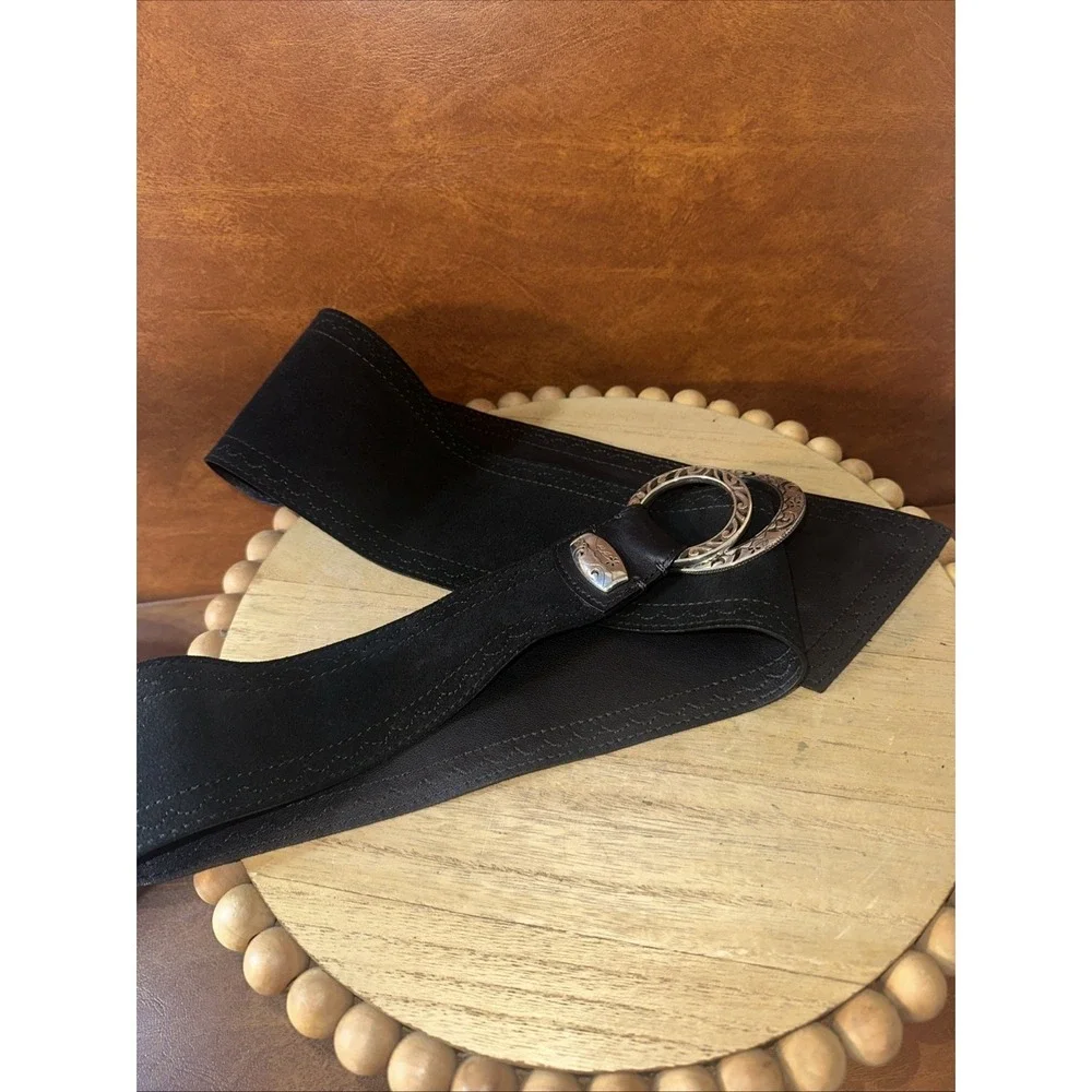BRIGHTON women's soft black suede leather wide belt Sz L